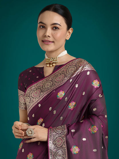 Monjolika Fashion Wine Charming Soft Banarasi Zari Woven Designer Satin Silk Saree With Lovely Blouse Piece