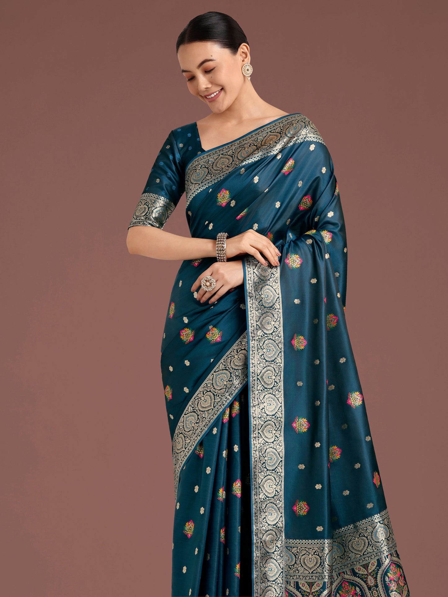 Monjolika Fashion Teal Charming Soft Banarasi Zari Woven Designer Satin Silk Saree With Lovely Blouse Piece