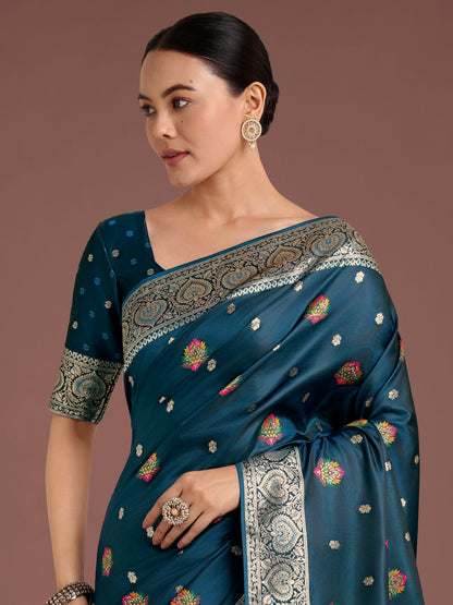 Monjolika Fashion Teal Charming Soft Banarasi Zari Woven Designer Satin Silk Saree With Lovely Blouse Piece