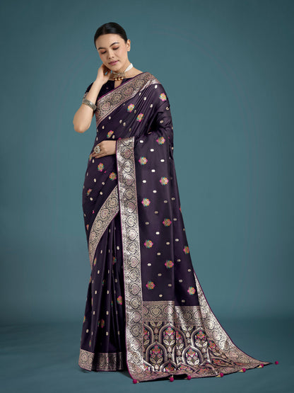 Monjolika Fashion Purple Charming Soft Banarasi Zari Woven Designer Satin Silk Saree With Lovely Blouse Piece