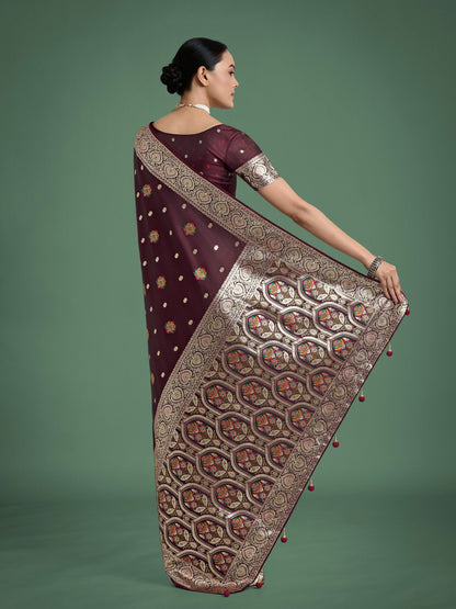 Monjolika Fashion Maroon Charming Soft Banarasi Zari Woven Designer Satin Silk Saree With Lovely Blouse Piece
