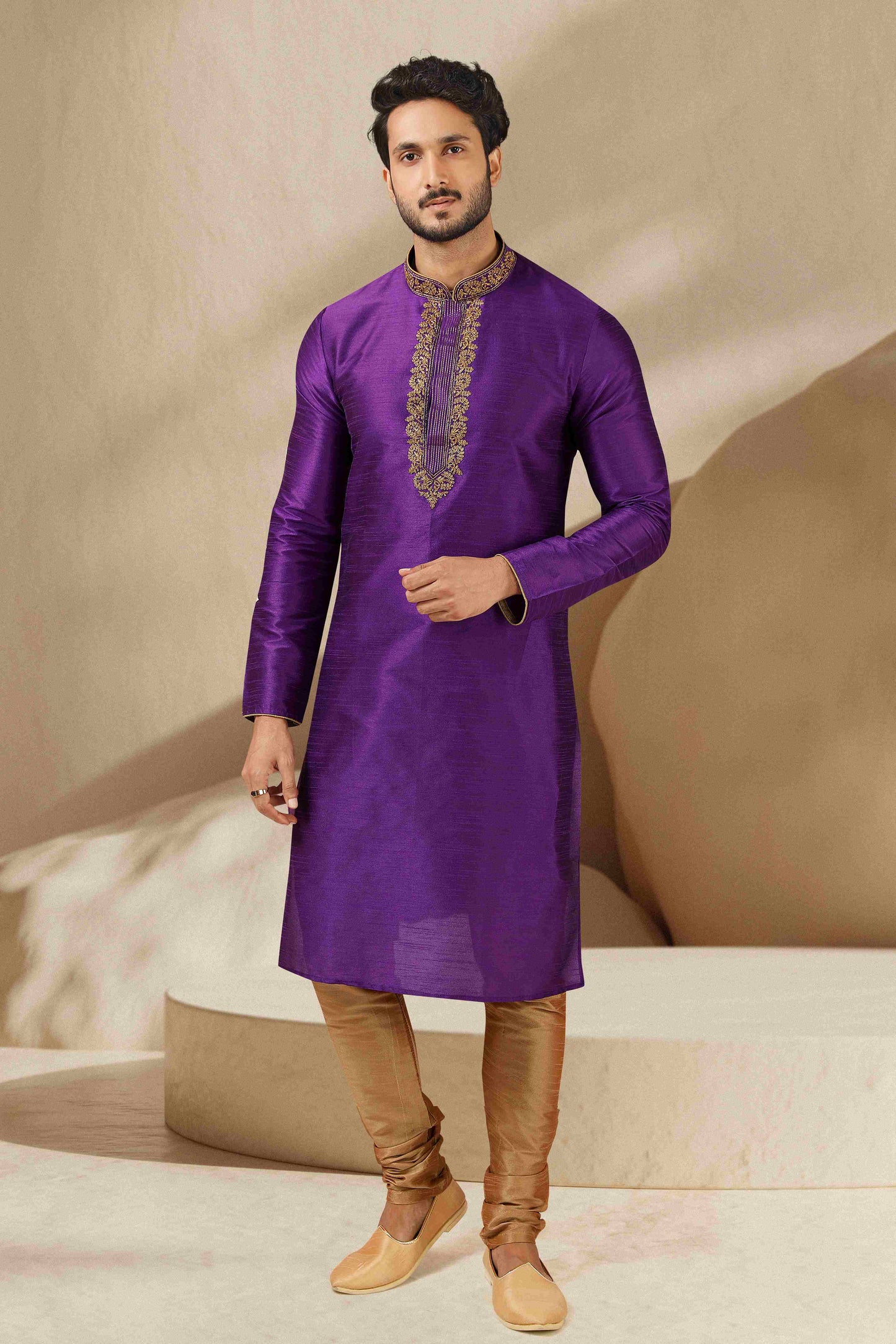 Raivat Ethnic Banarasi Art Silk Thread Work Kurta Pajama In Purple Colour