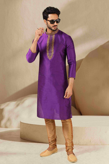 Raivat Ethnic Banarasi Art Silk Thread Work Kurta Pajama In Purple Colour