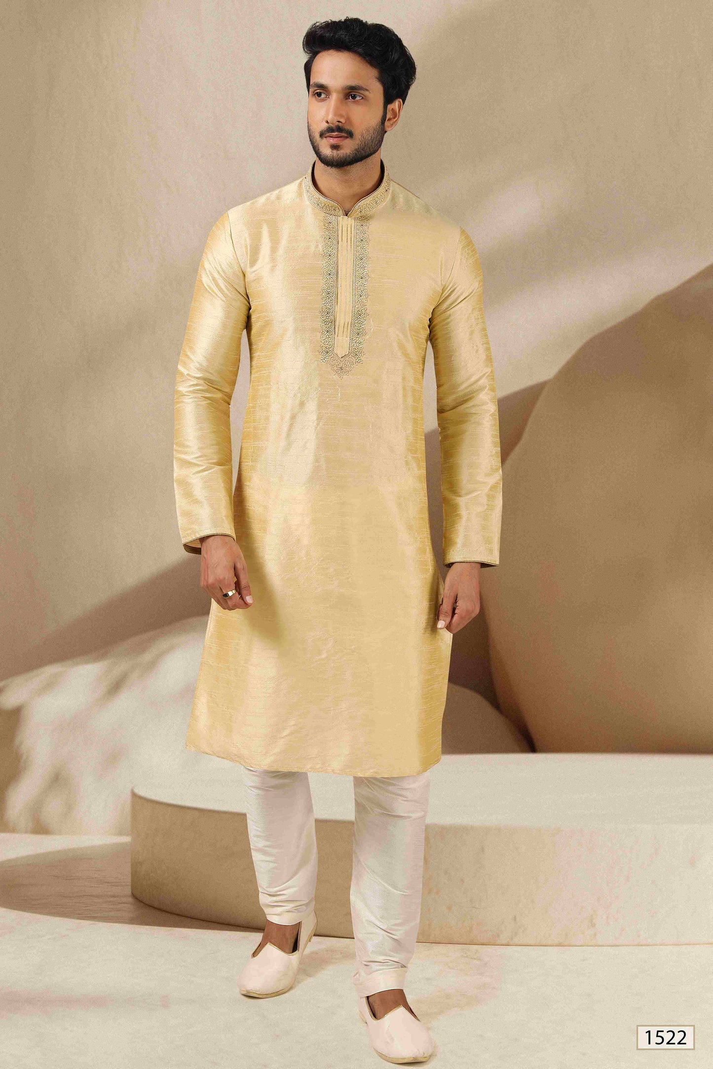 Raivat Ethnic Banarasi Art Silk Thread Work Kurta Pajama In Gold Colour