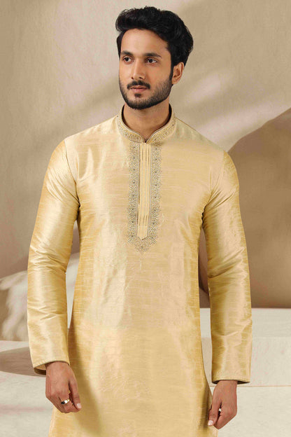 Raivat Ethnic Banarasi Art Silk Thread Work Kurta Pajama In Gold Colour
