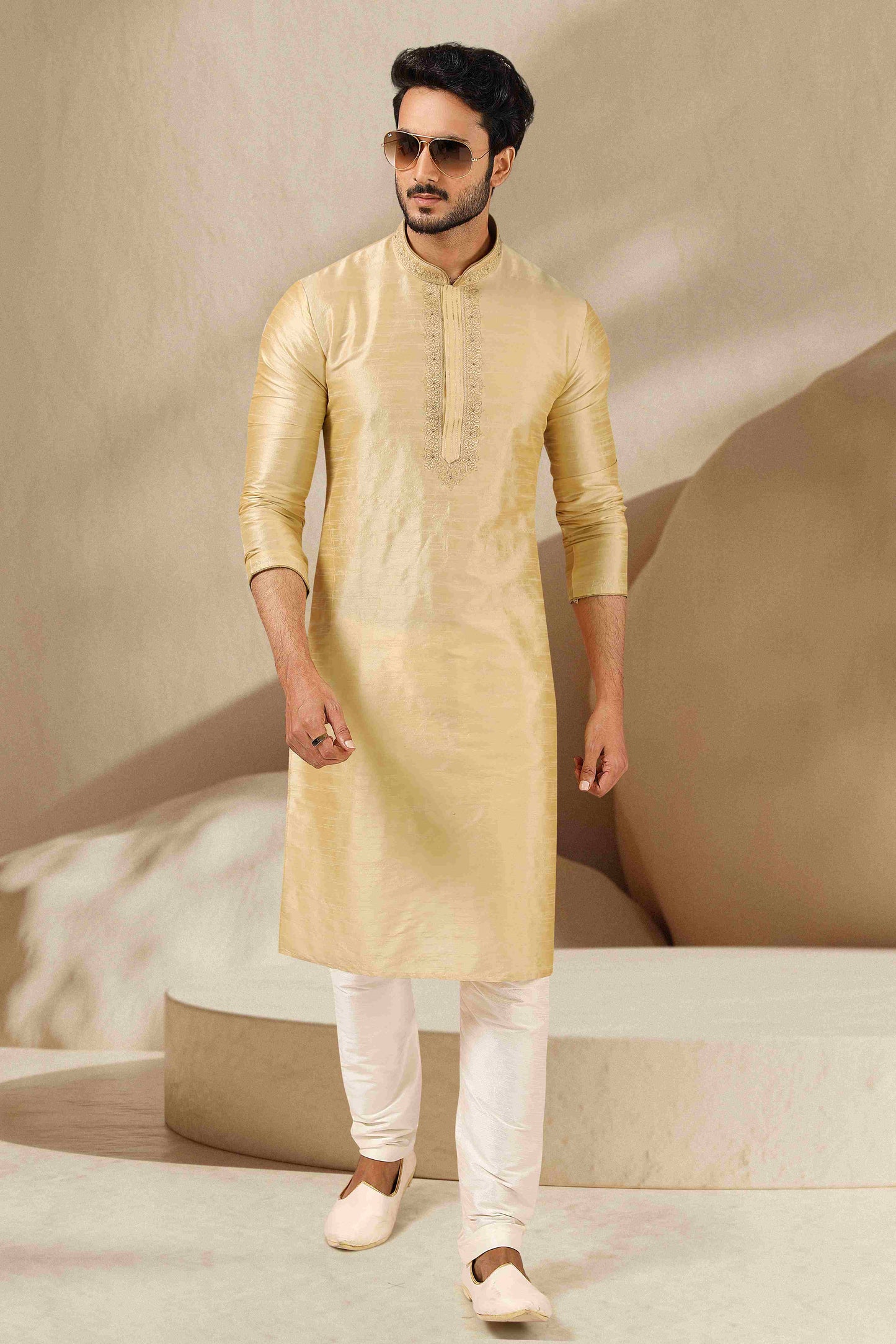Raivat Ethnic Banarasi Art Silk Thread Work Kurta Pajama In Gold Colour