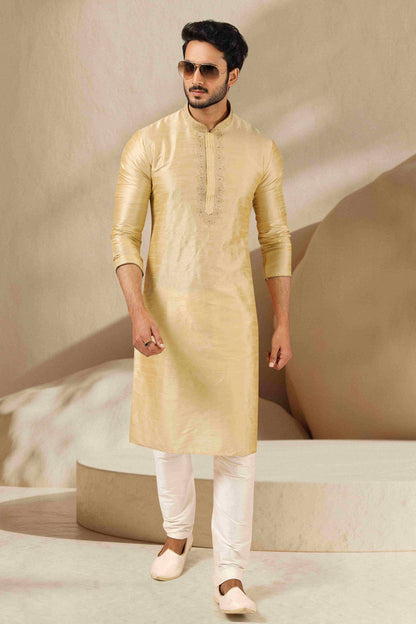 Raivat Ethnic Banarasi Art Silk Thread Work Kurta Pajama In Gold Colour
