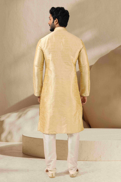Raivat Ethnic Banarasi Art Silk Thread Work Kurta Pajama In Gold Colour