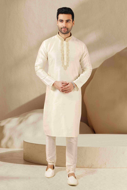 Raivat Ethnic Banarasi Art Silk Thread Work Kurta Pajama In Lemon Cream Colour