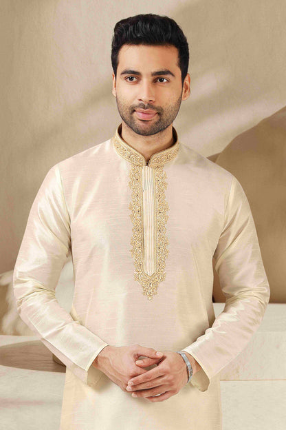 Raivat Ethnic Banarasi Art Silk Thread Work Kurta Pajama In Lemon Cream Colour
