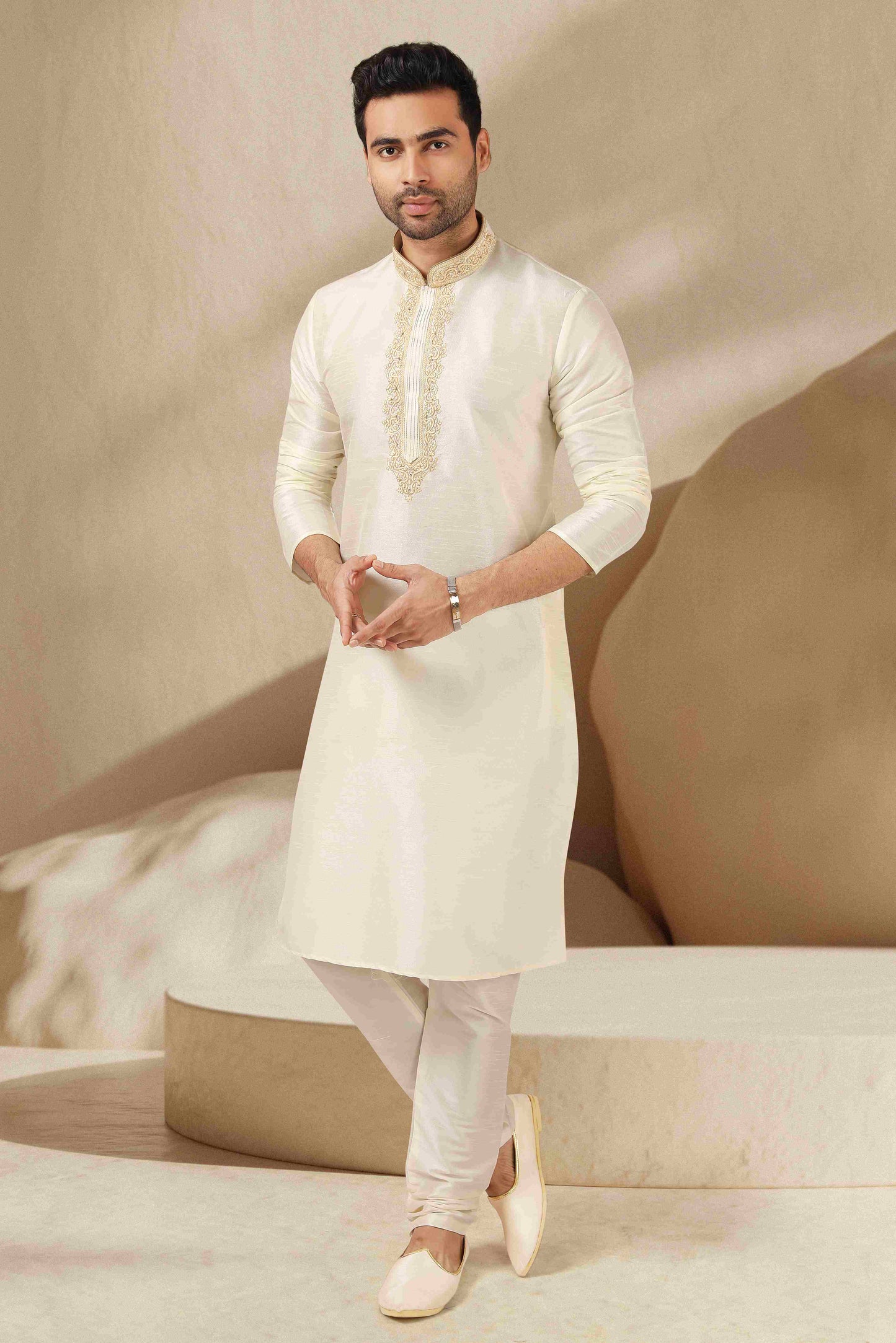 Raivat Ethnic Banarasi Art Silk Thread Work Kurta Pajama In Lemon Cream Colour