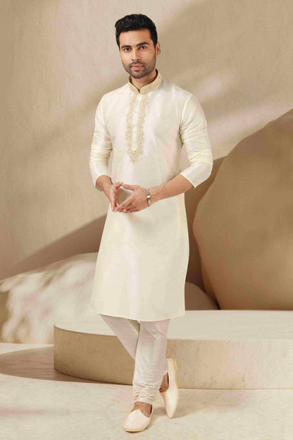 Raivat Ethnic Banarasi Art Silk Thread Work Kurta Pajama In Lemon Cream Colour