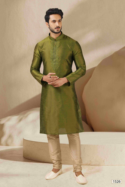 Raivat Ethnic Banarasi Art Silk Thread Work Kurta Pajama In Green Colour