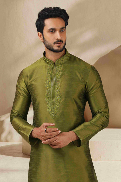 Raivat Ethnic Banarasi Art Silk Thread Work Kurta Pajama In Green Colour