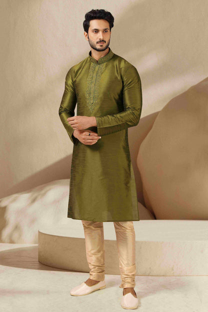 Raivat Ethnic Banarasi Art Silk Thread Work Kurta Pajama In Green Colour