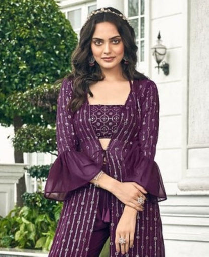 Anaita Purple Georgette Stitched Shrug Suit With Sequence Thread Work