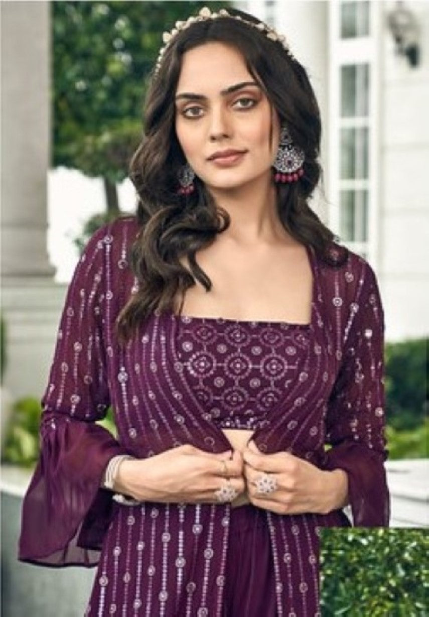 Anaita Purple Georgette Stitched Shrug Suit With Sequence Thread Work