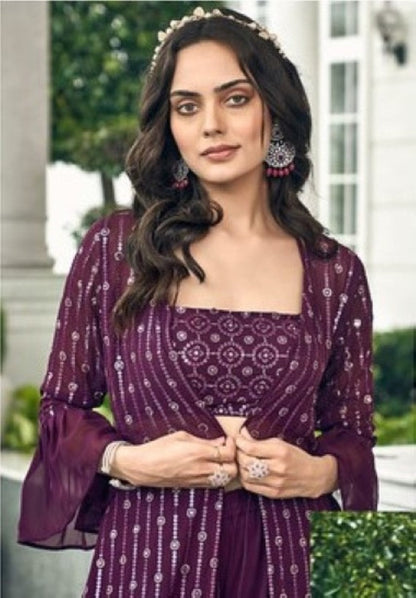 Anaita Purple Georgette Stitched Shrug Suit With Sequence Thread Work