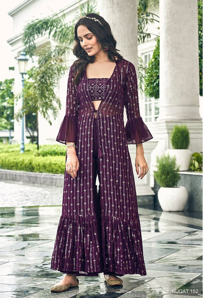 Anaita Purple Georgette Stitched Shrug Suit With Sequence Thread Work