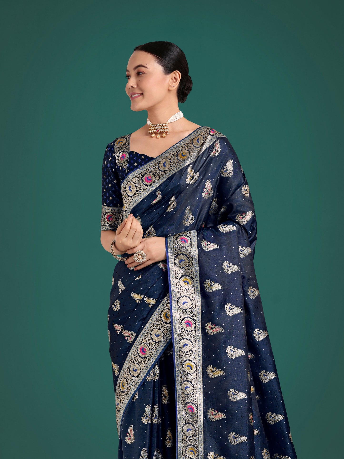 Monjolika Fashion Blue Color Festival Wear Banarasi Satin Silk Designer Zari Weaving Saree