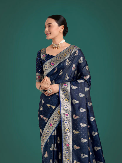 Monjolika Fashion Blue Color Festival Wear Banarasi Satin Silk Designer Zari Weaving Saree