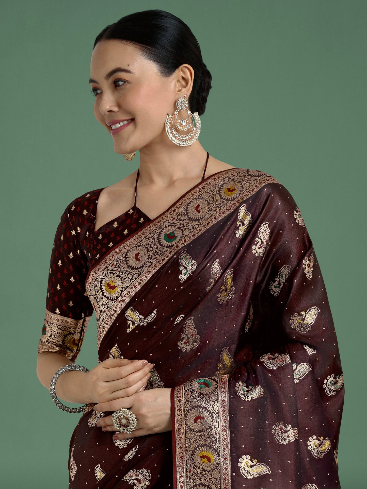 Monjolika Fashion Maroon Color Festival Wear Banarasi Satin Silk Designer Zari Weaving Saree