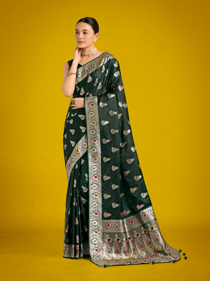 Monjolika Fashion Dark Green Color Festival Wear Banarasi Satin Silk Designer Zari Weaving Saree