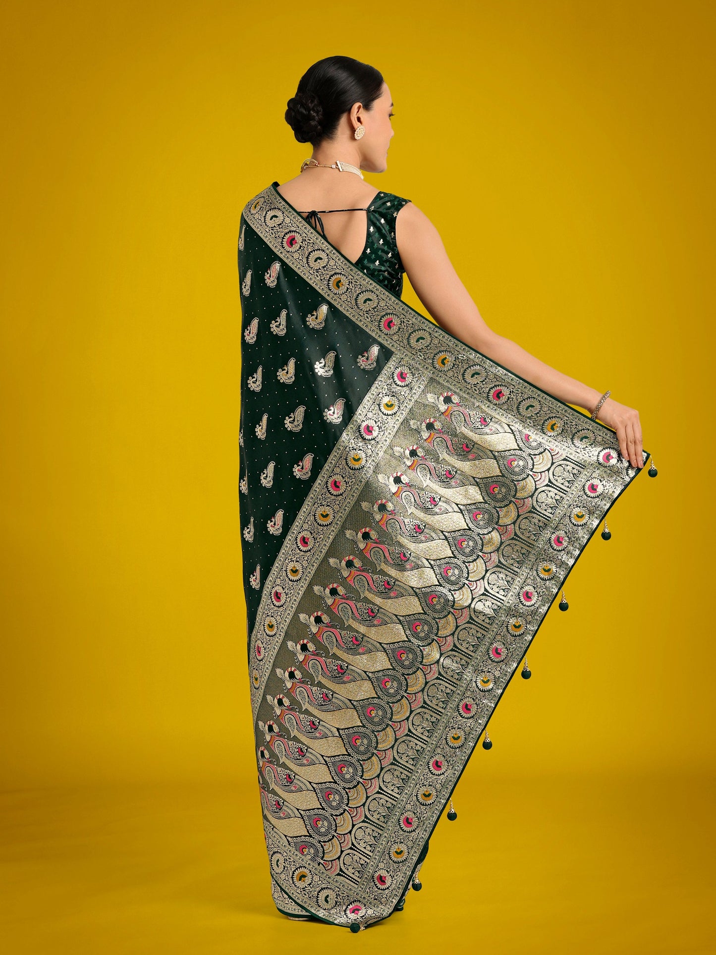 Monjolika Fashion Dark Green Color Festival Wear Banarasi Satin Silk Designer Zari Weaving Saree