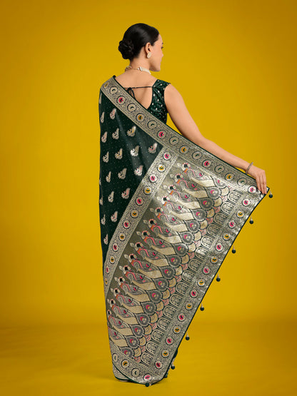 Monjolika Fashion Dark Green Color Festival Wear Banarasi Satin Silk Designer Zari Weaving Saree