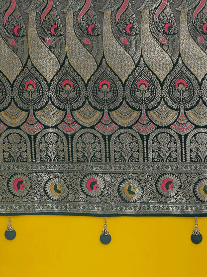Monjolika Fashion Dark Green Color Festival Wear Banarasi Satin Silk Designer Zari Weaving Saree