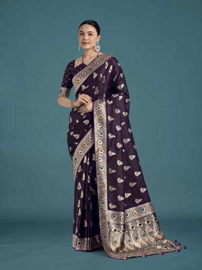 Monjolika Fashion Purple Color Festival Wear Banarasi Satin Silk Designer Zari Weaving Saree