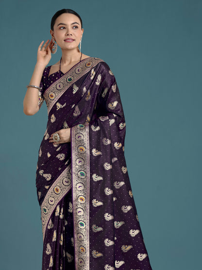 Monjolika Fashion Purple Color Festival Wear Banarasi Satin Silk Designer Zari Weaving Saree