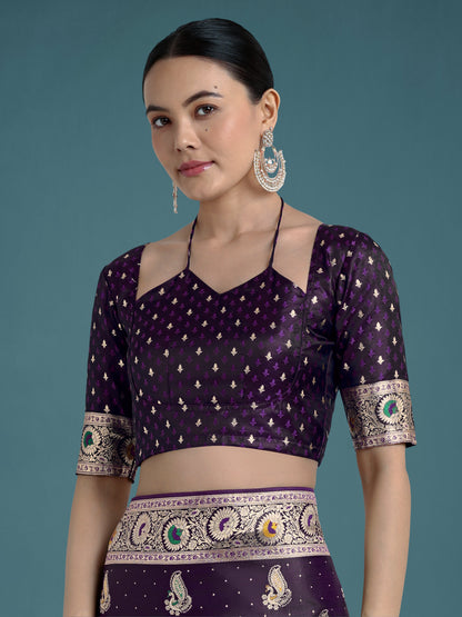 Monjolika Fashion Purple Color Festival Wear Banarasi Satin Silk Designer Zari Weaving Saree