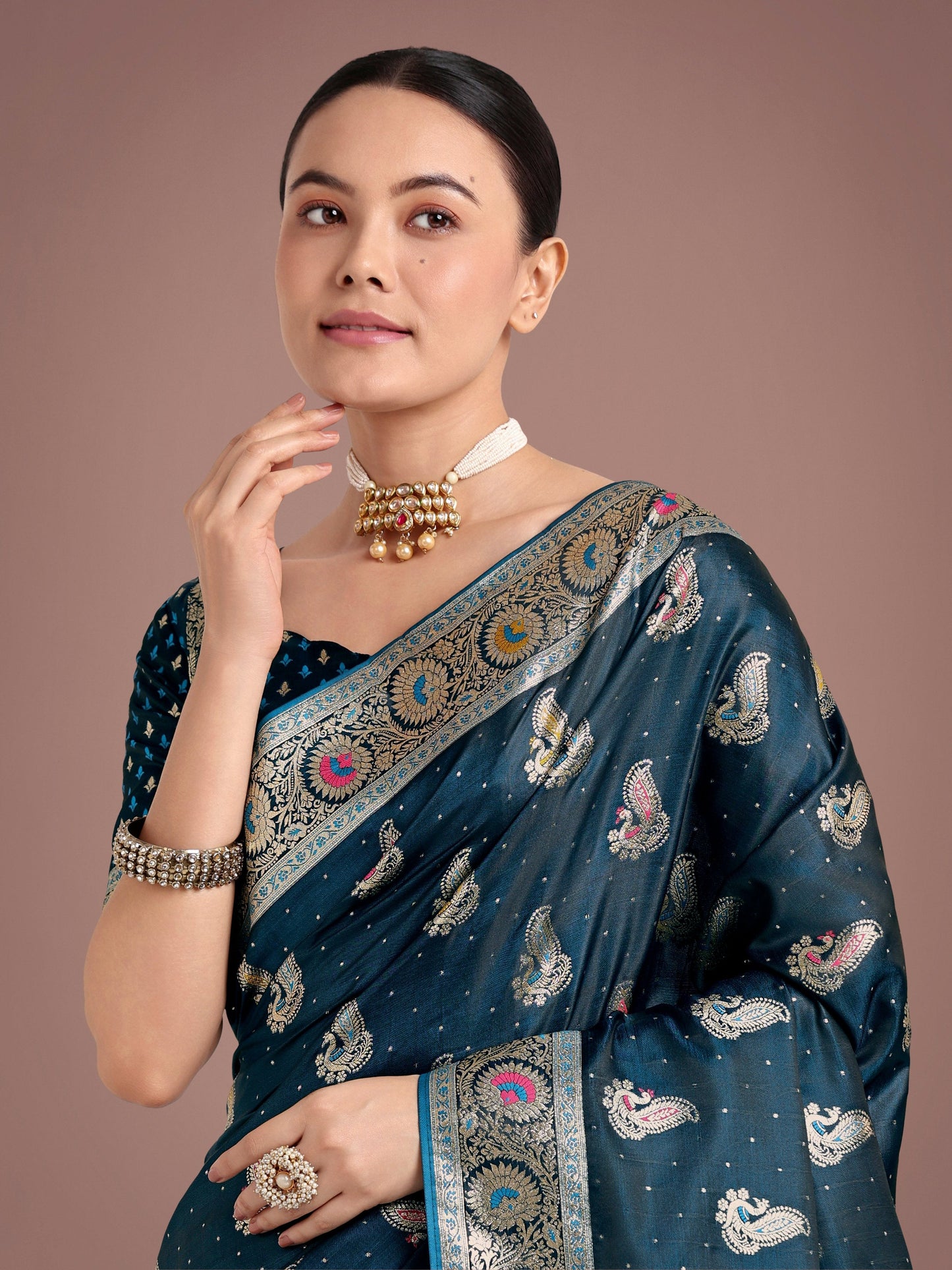 Monjolika Fashion Teal Color Festival Wear Banarasi Satin Silk Designer Zari Weaving Saree