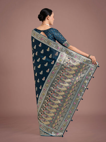 Monjolika Fashion Teal Color Festival Wear Banarasi Satin Silk Designer Zari Weaving Saree