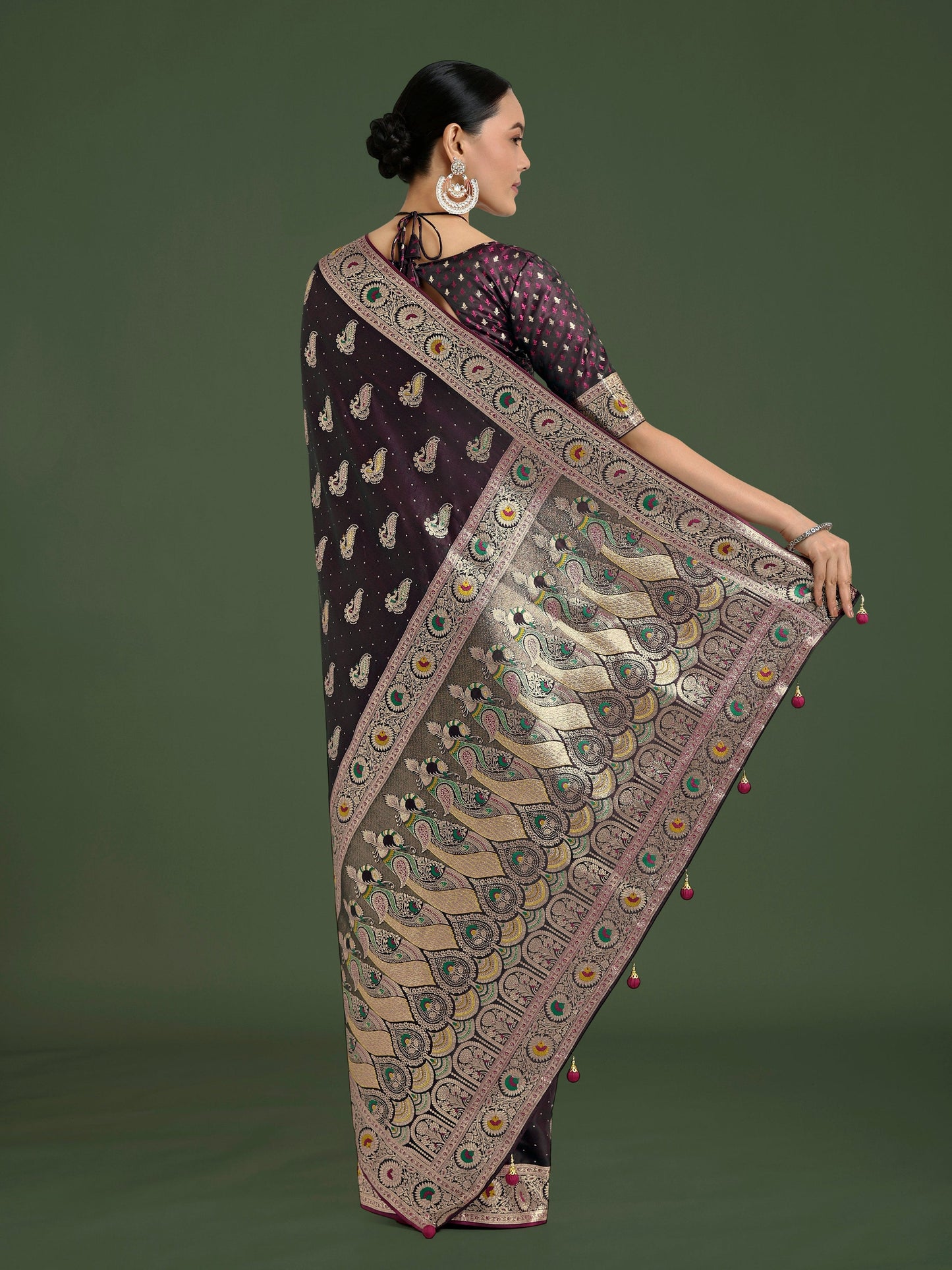 Monjolika Fashion Wine Color Festival Wear Banarasi Satin Silk Designer Zari Weaving Saree