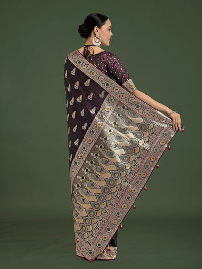 Monjolika Fashion Wine Color Festival Wear Banarasi Satin Silk Designer Zari Weaving Saree