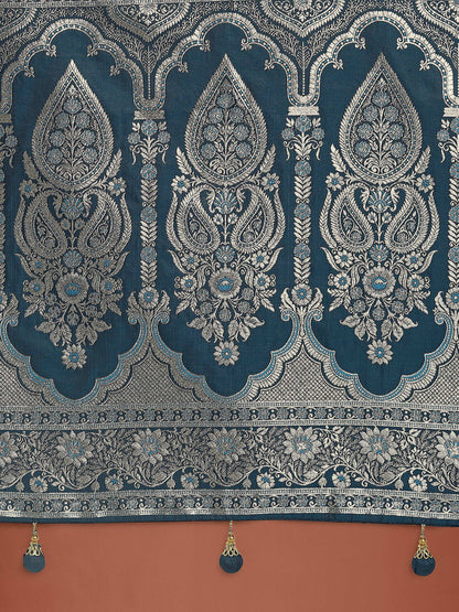 Monjolika Fashion Dark Teal Banarasi Satin Silk Saree with Intricate Zari Work with Rich Weaving Pattern