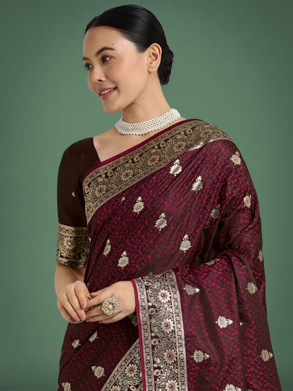 Monjolika Fashion Maroon Banarasi Satin Silk Saree with Intricate Zari Work with Rich Weaving Pattern