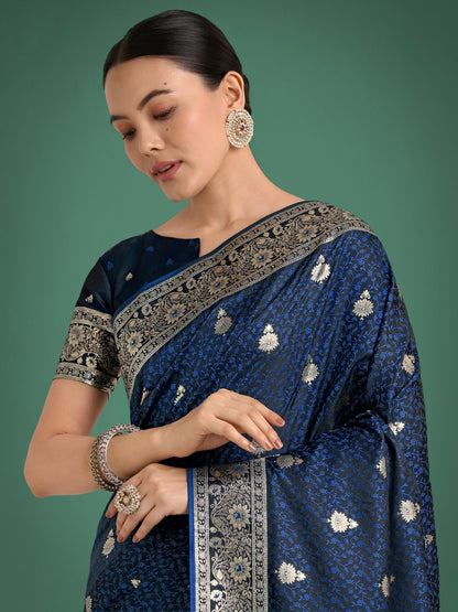Monjolika Fashion Blue Banarasi Satin Silk Saree with Intricate Zari Work with Rich Weaving Pattern