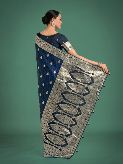 Monjolika Fashion Blue Banarasi Satin Silk Saree with Intricate Zari Work with Rich Weaving Pattern
