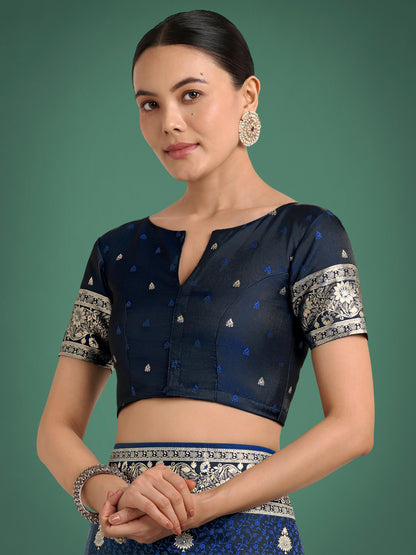 Monjolika Fashion Blue Banarasi Satin Silk Saree with Intricate Zari Work with Rich Weaving Pattern