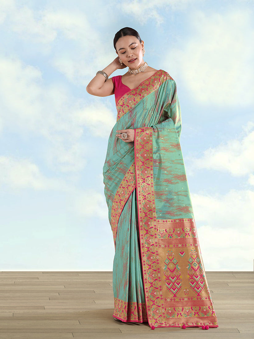 Monjolika Fashion Sky Blue Color Banarasi Tissue Silk Paithani Woven Saree