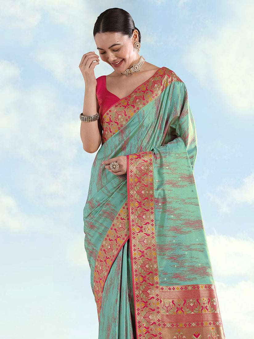 Monjolika Fashion Sky Blue Color Banarasi Tissue Silk Paithani Woven Saree
