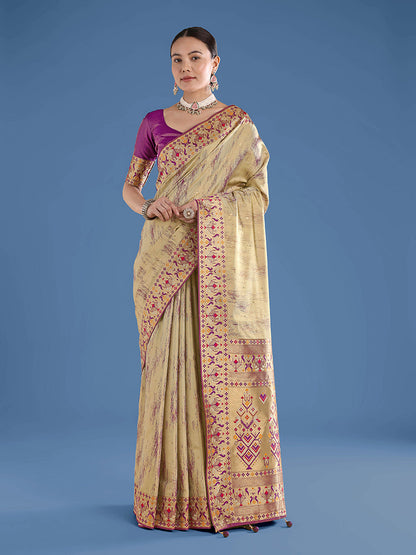 Monjolika Fashion Beige Color Banarasi Tissue Silk Paithani Woven Saree