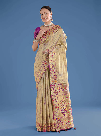 Monjolika Fashion Beige Color Banarasi Tissue Silk Paithani Woven Saree