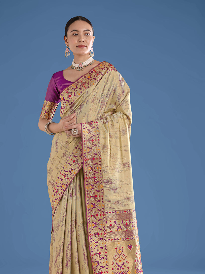 Monjolika Fashion Beige Color Banarasi Tissue Silk Paithani Woven Saree
