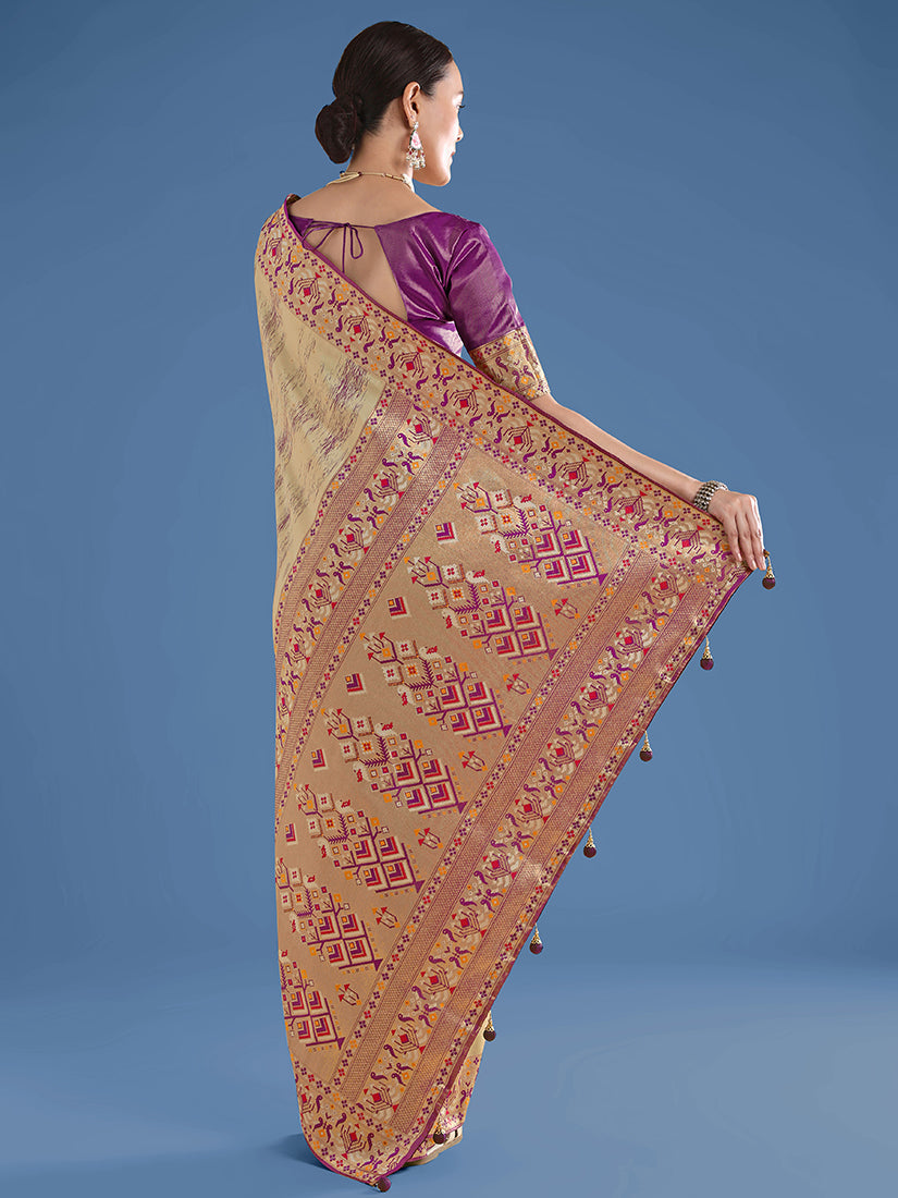 Monjolika Fashion Beige Color Banarasi Tissue Silk Paithani Woven Saree