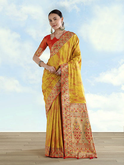 Monjolika Fashion Mustard Yellow Color Banarasi Tissue Silk Paithani Woven Saree