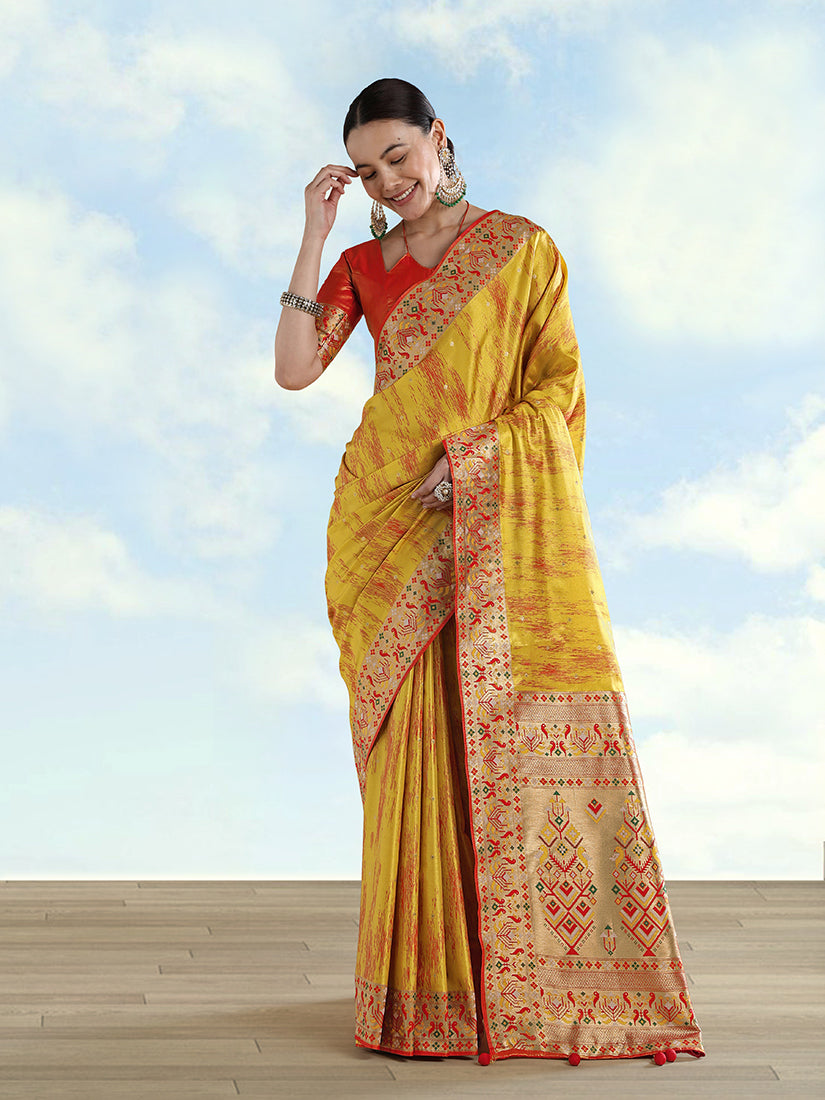 Monjolika Fashion Mustard Yellow Color Banarasi Tissue Silk Paithani Woven Saree